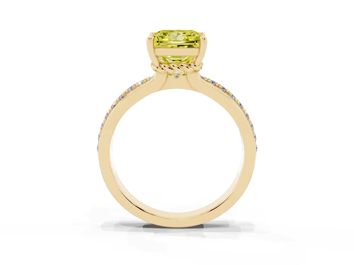 Fancy Yellow Princess Cut Solitaire Diamond Ring with Channel Set Band and Six-Prong Setting Yellow gold