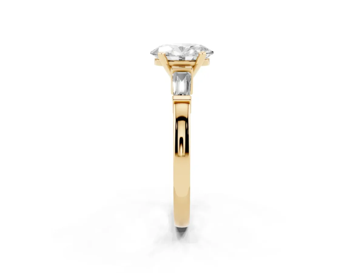 Oval Cut Cut Diamond Solitaire Ring with Tapered Baguette Accents and Four-Prong Setting Yellow gold