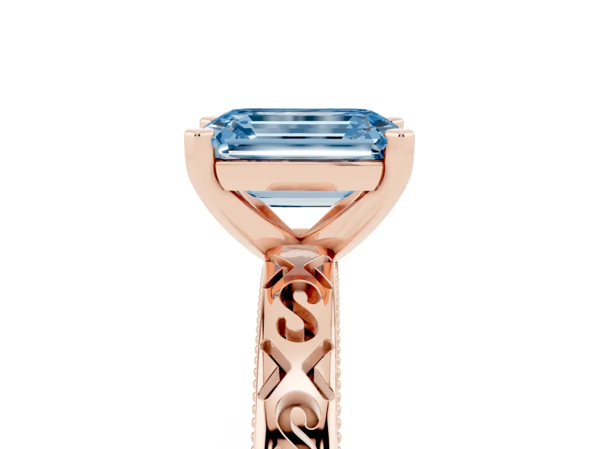 Fancy Blue Emerald Cut Solitaire Engagement Ring with Scrollwork Band and Four-Prong Setting Rose gold