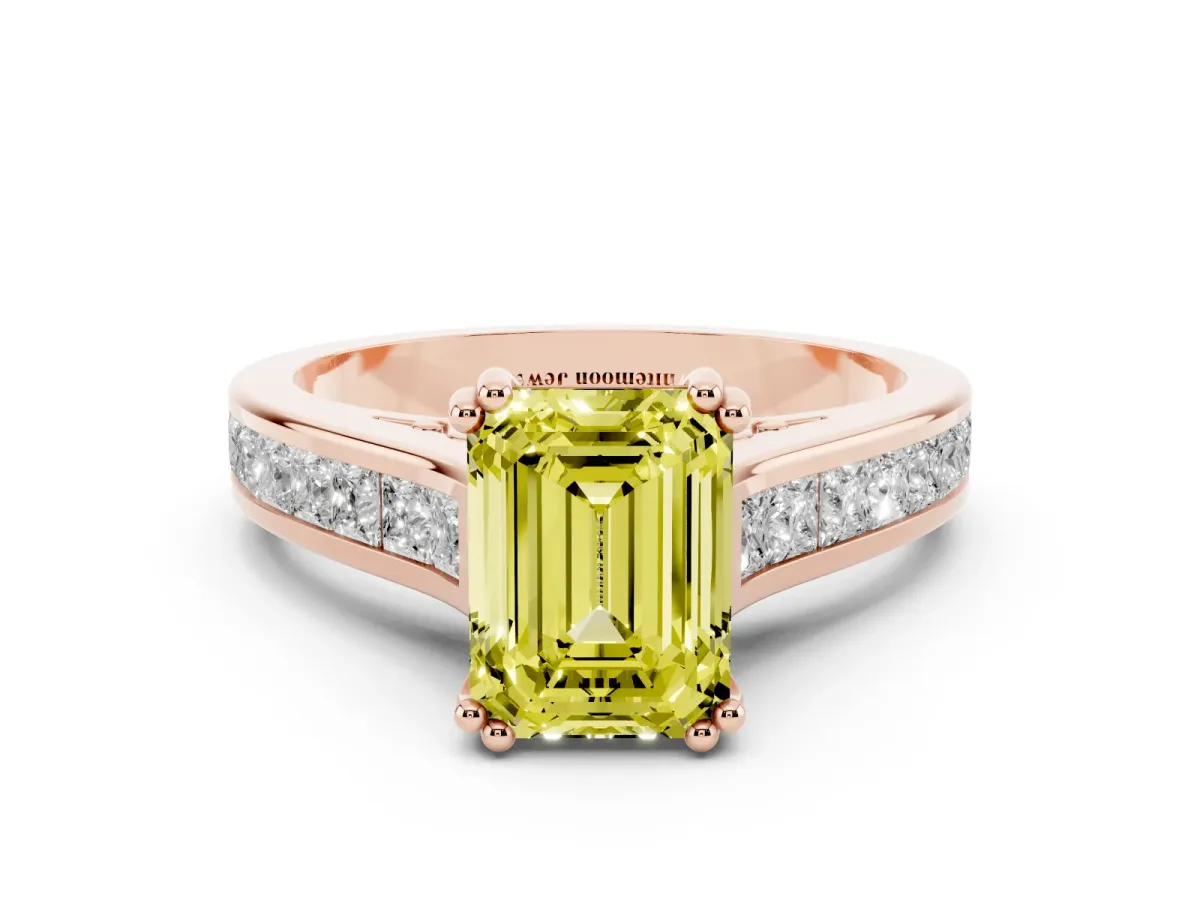 Fancy Yellow Emerald Cut Cut Channel Set Solitaire Engagement Ring with Prong Setting Rose gold