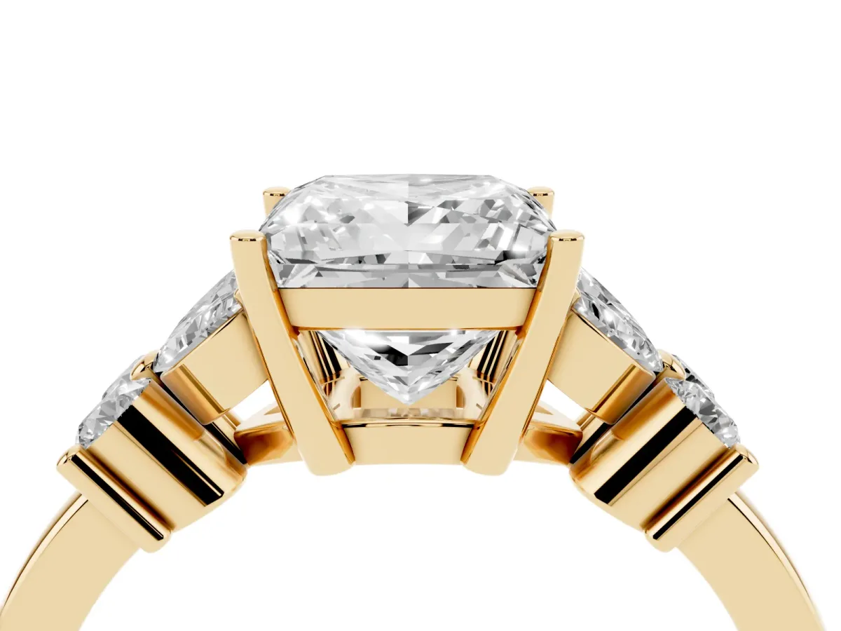 Princess Cut Diamond Floral Cluster Ring with Solitaire Band and Prong Setting Yellow gold
