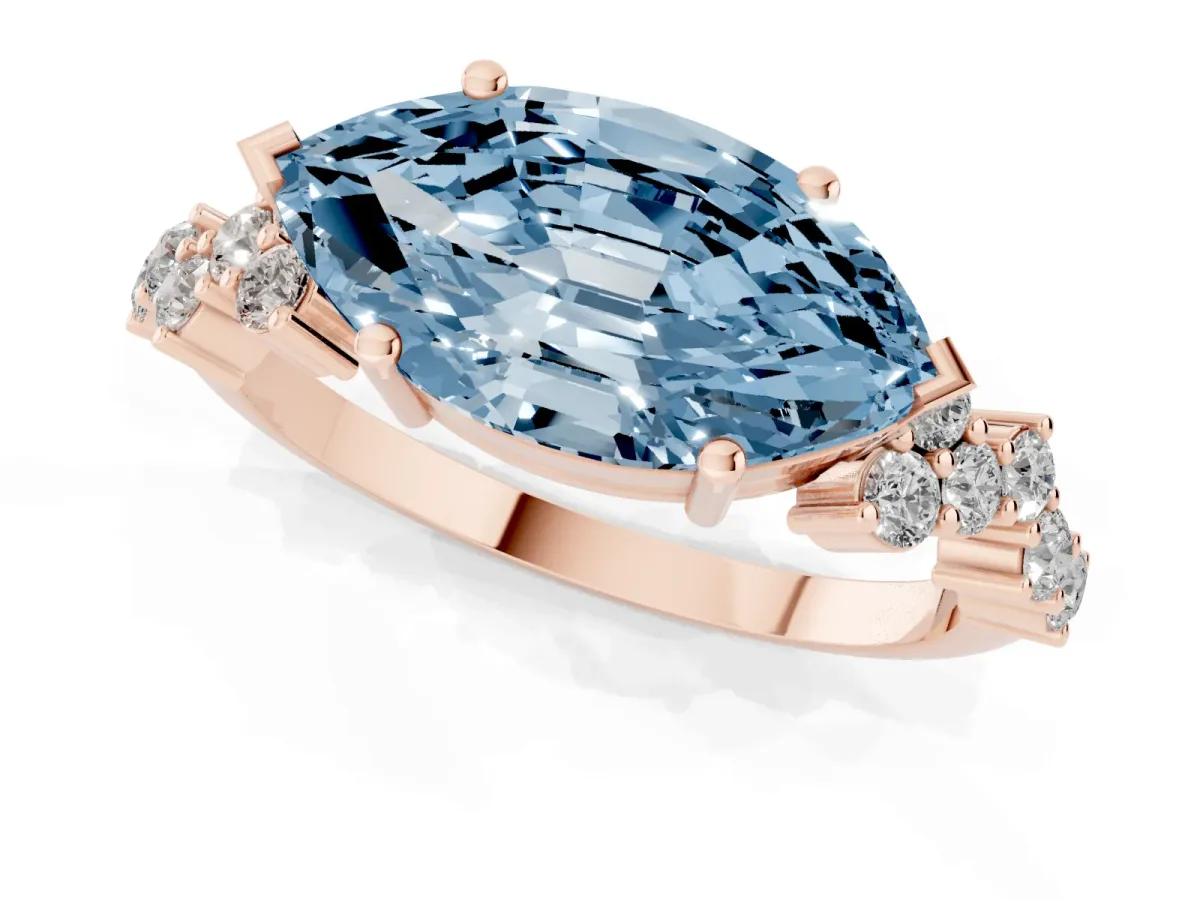 Fancy Blue Marquise Cut Diamond Scattered Round Accent Ring with Prong Setting Rose gold