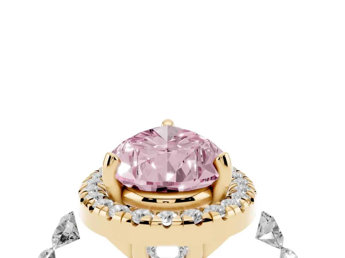 Fancy Pink Pear Cut Halo Pavé Diamond Engagement Ring with Four-Prong Setting Yellow gold