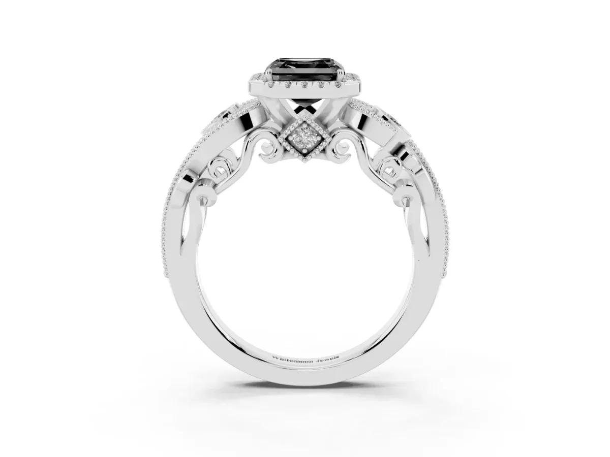 Fancy Black Asscher Cut Halo Diamond Ring with Milgrain and Bezel Accents on a Split Shank Band Platinum