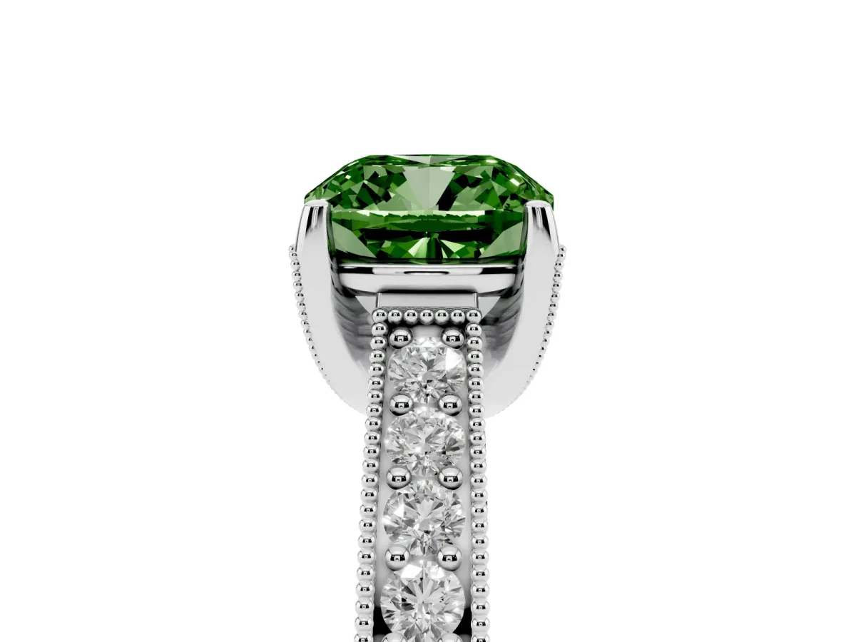 Fancy Green Cushion Cut Cut Diamond Solitaire Ring with Milgrain Pave Band and Four Prong Setting Silver