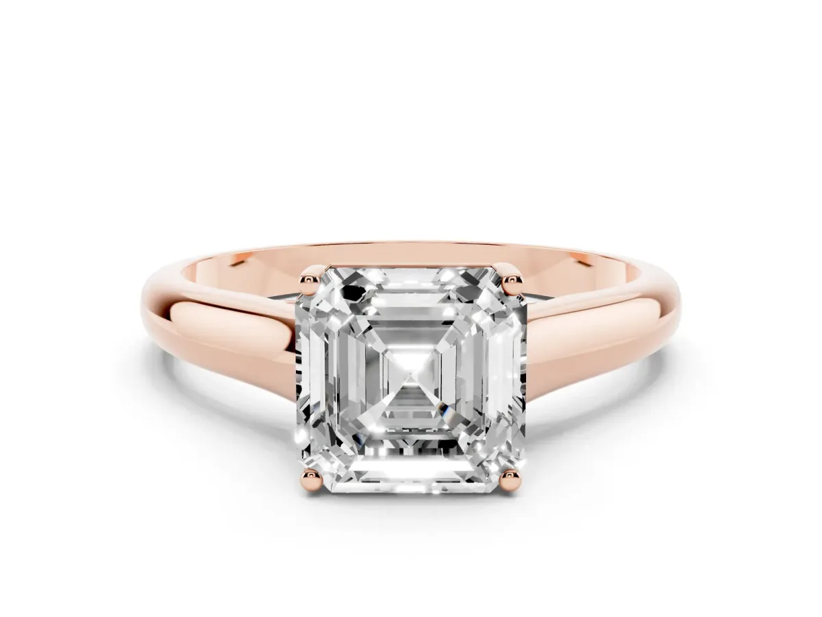 Asscher Cut Solitaire Engagement Ring with Tapered Band and Four-Prong Setting Rose gold