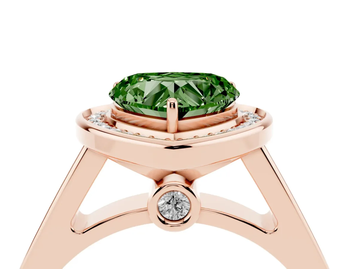 Fancy Green Heart Cut Halo Solitaire Diamond Ring with Pave Band and Bezel Setting Rose gold