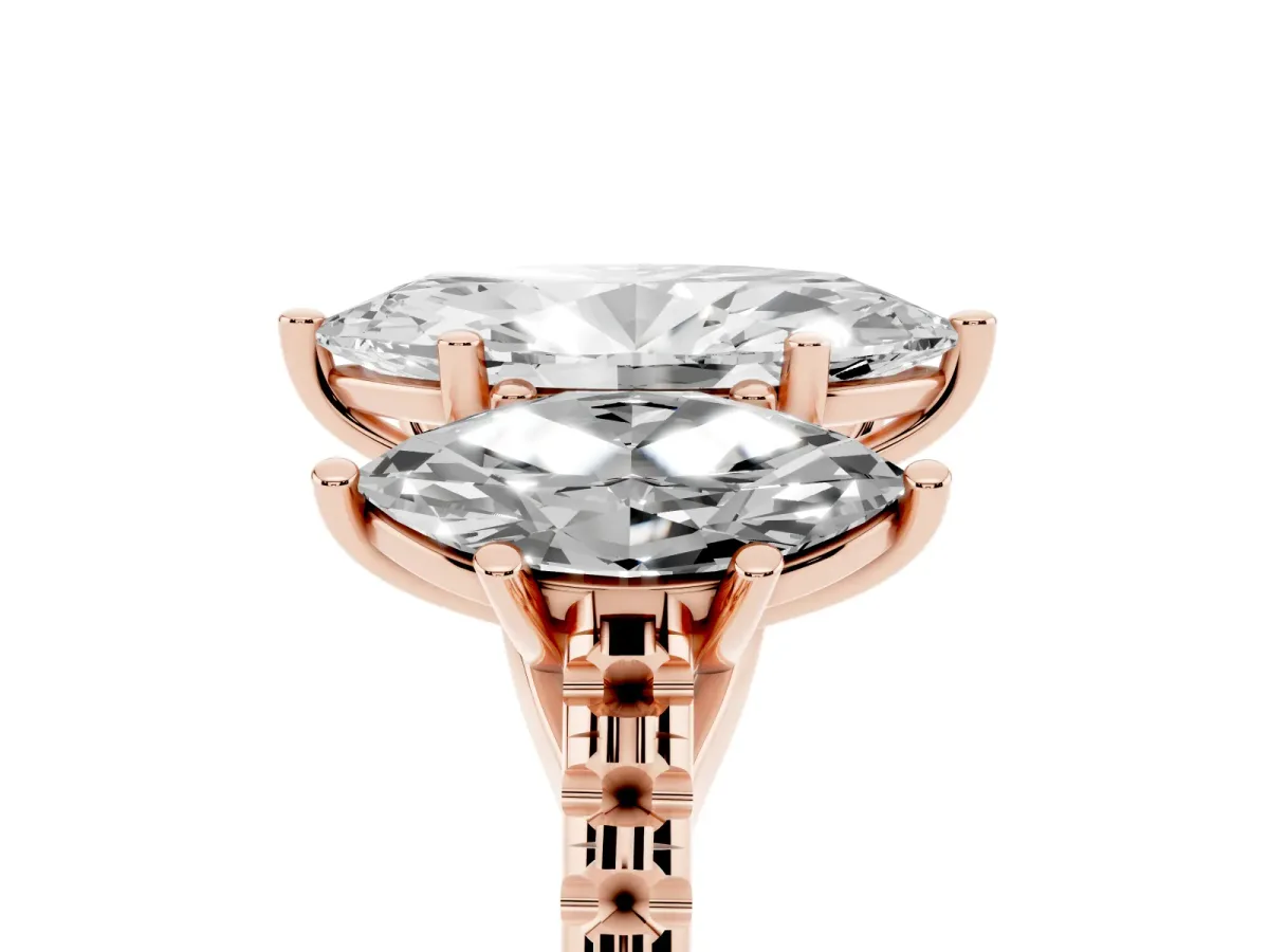 Three-Stone Marquise Cut Diamond Ring with Round Pavé Band and Prong Setting Rose gold