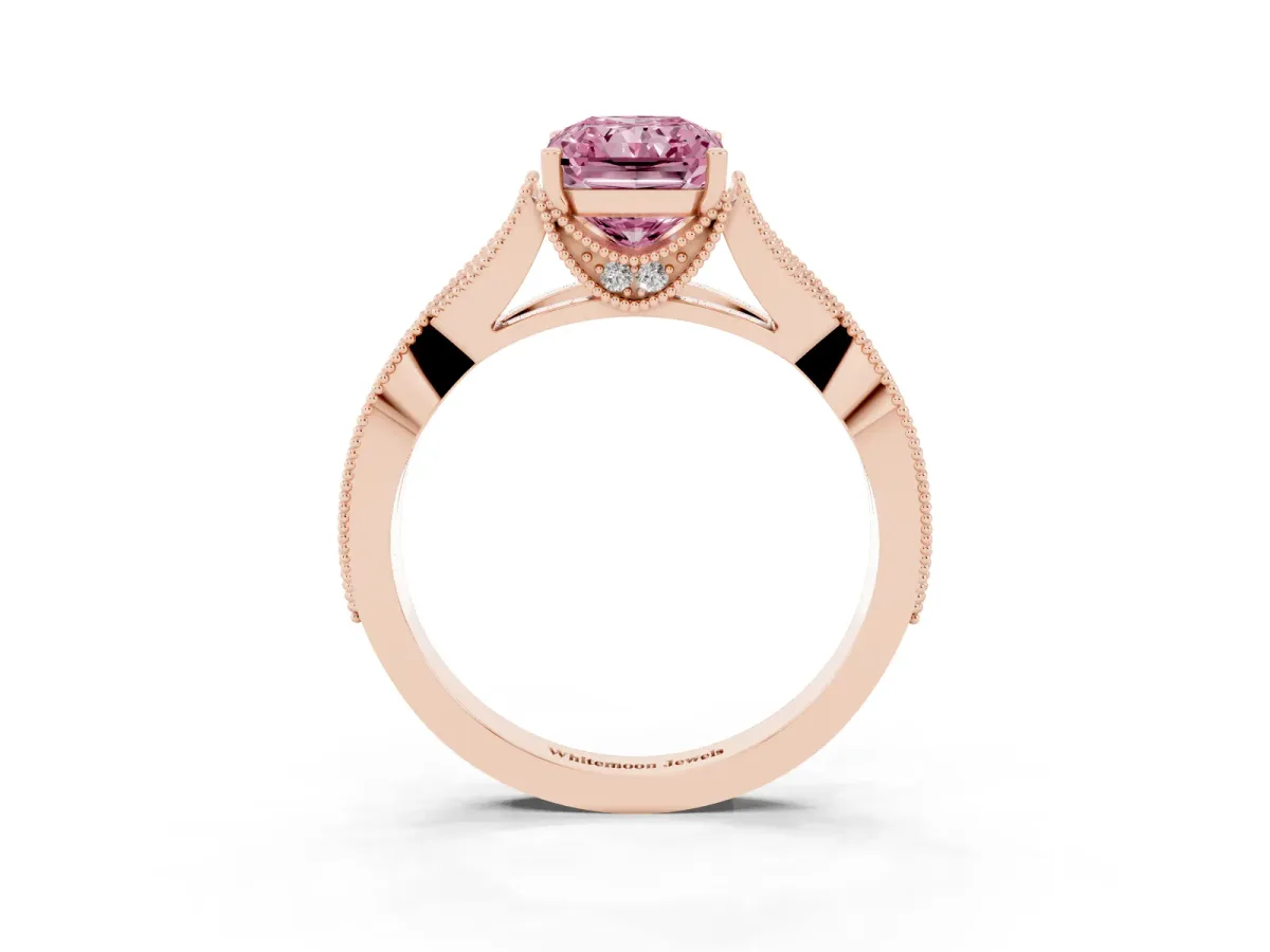 Fancy Pink Radiant Cut Cut Diamond Twisted Band with Milgrain Pave Setting and Four-Prong Setting Rose gold
