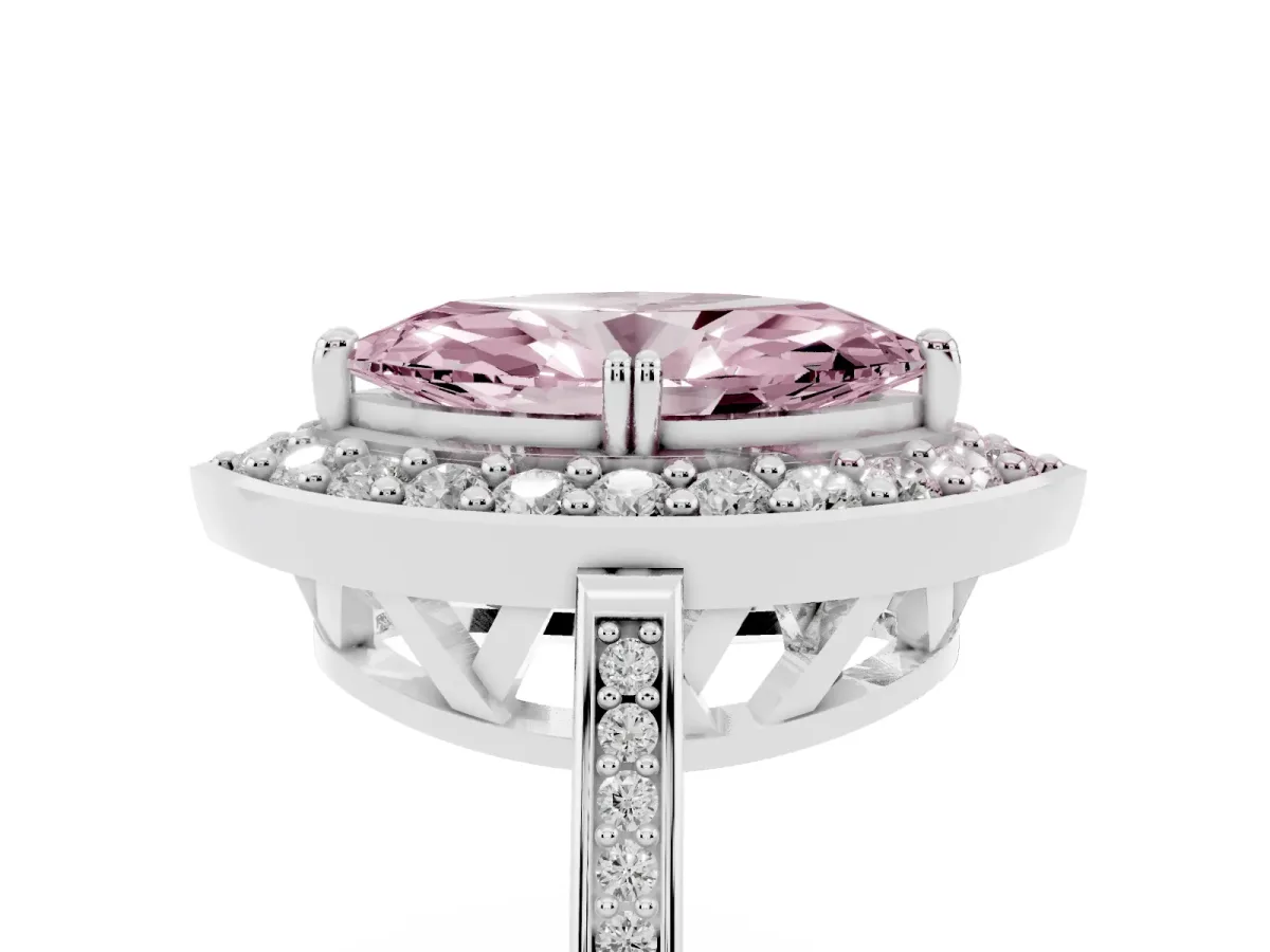 Fancy Pink Marquise Cut Diamond Halo Ring with Split Shank and Four-Prong Setting Silver