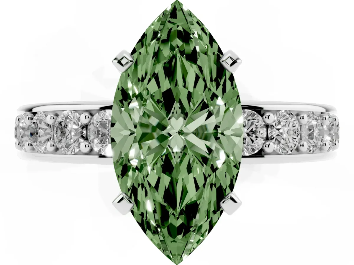 Fancy Green Marquise Cut Diamond Engagement Ring with Channel Set Round Band and Prong Setting White gold