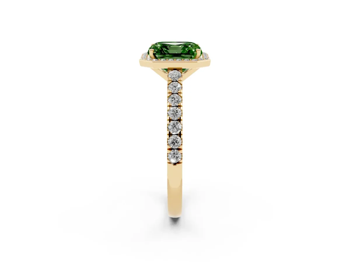 Fancy Green Asscher Cut Cut Halo Diamond Engagement Ring with Pave Band and Four-Prong Setting Yellow gold