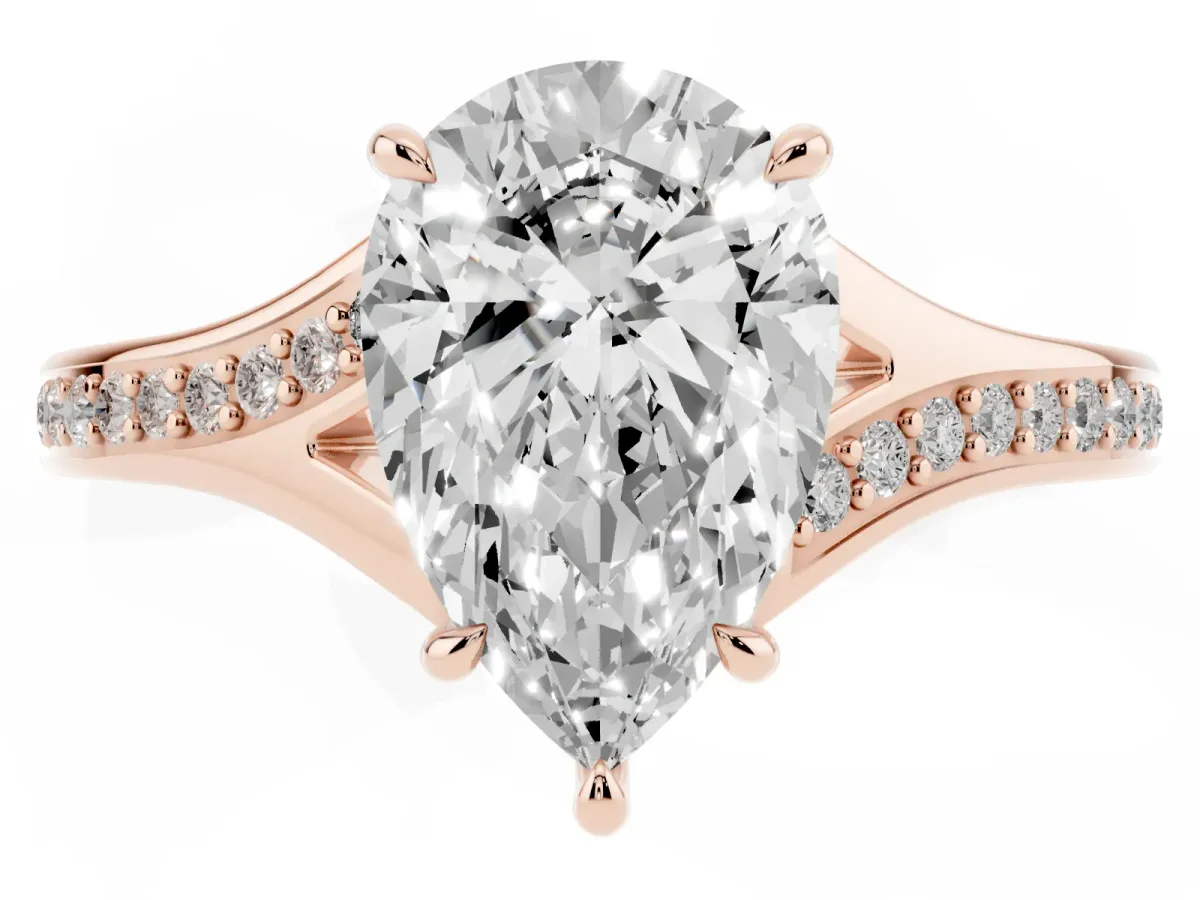 Pear Cut Diamond Solitaire Ring with Pavé Band and Prong Setting Rose gold