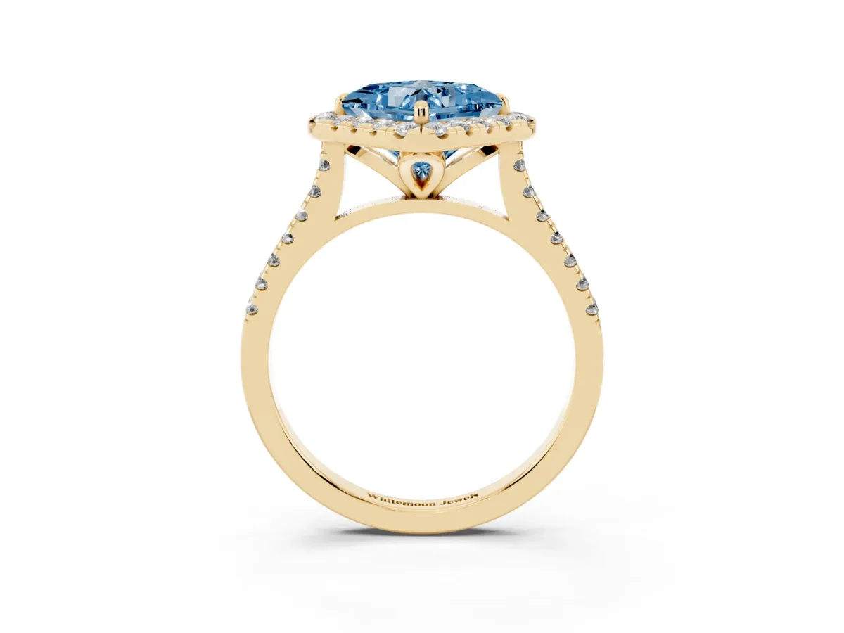 Fancy Blue Princess Cut Diamond Cushion Halo Ring with Pavé Band Yellow gold