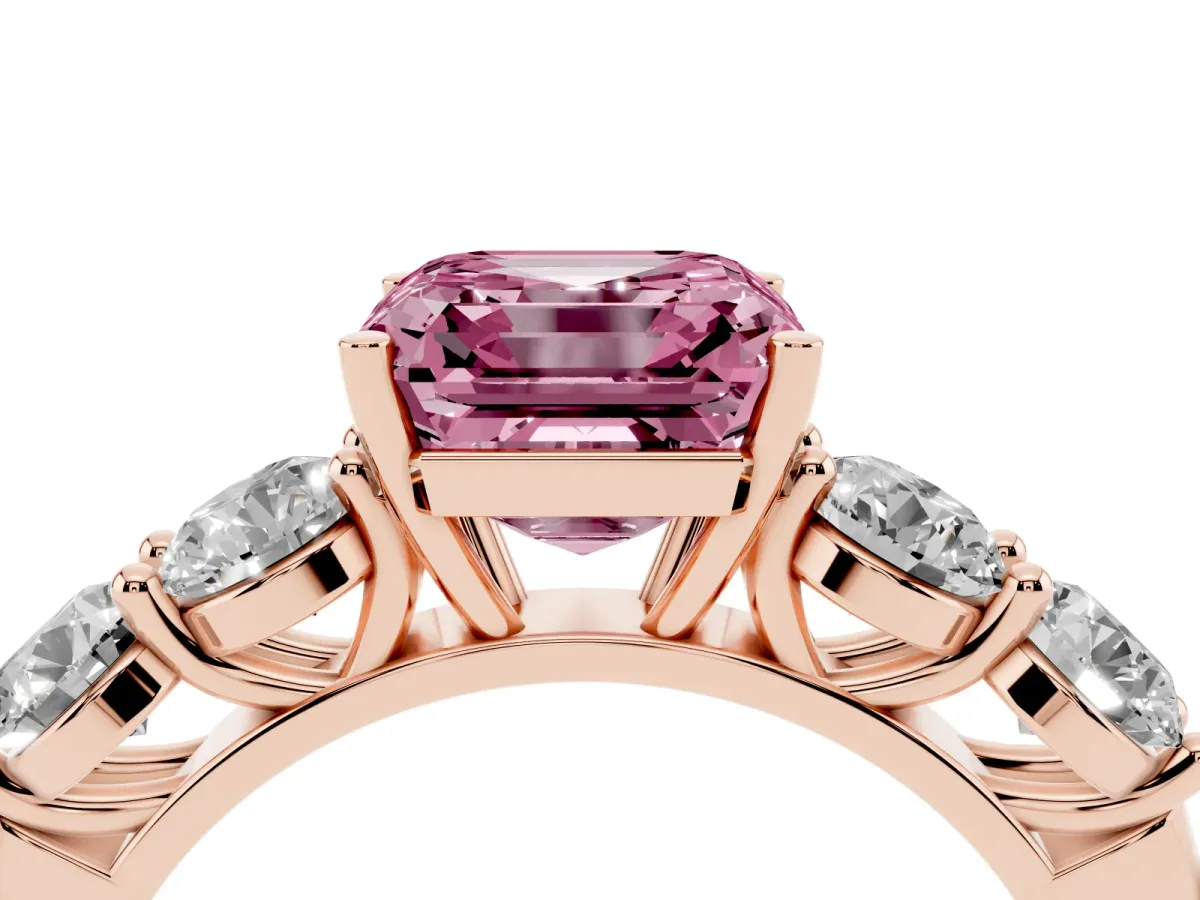 Fancy Pink Asscher Cut Cut Five-Stone Prong Set Diamond Ring with Classic Band Rose gold