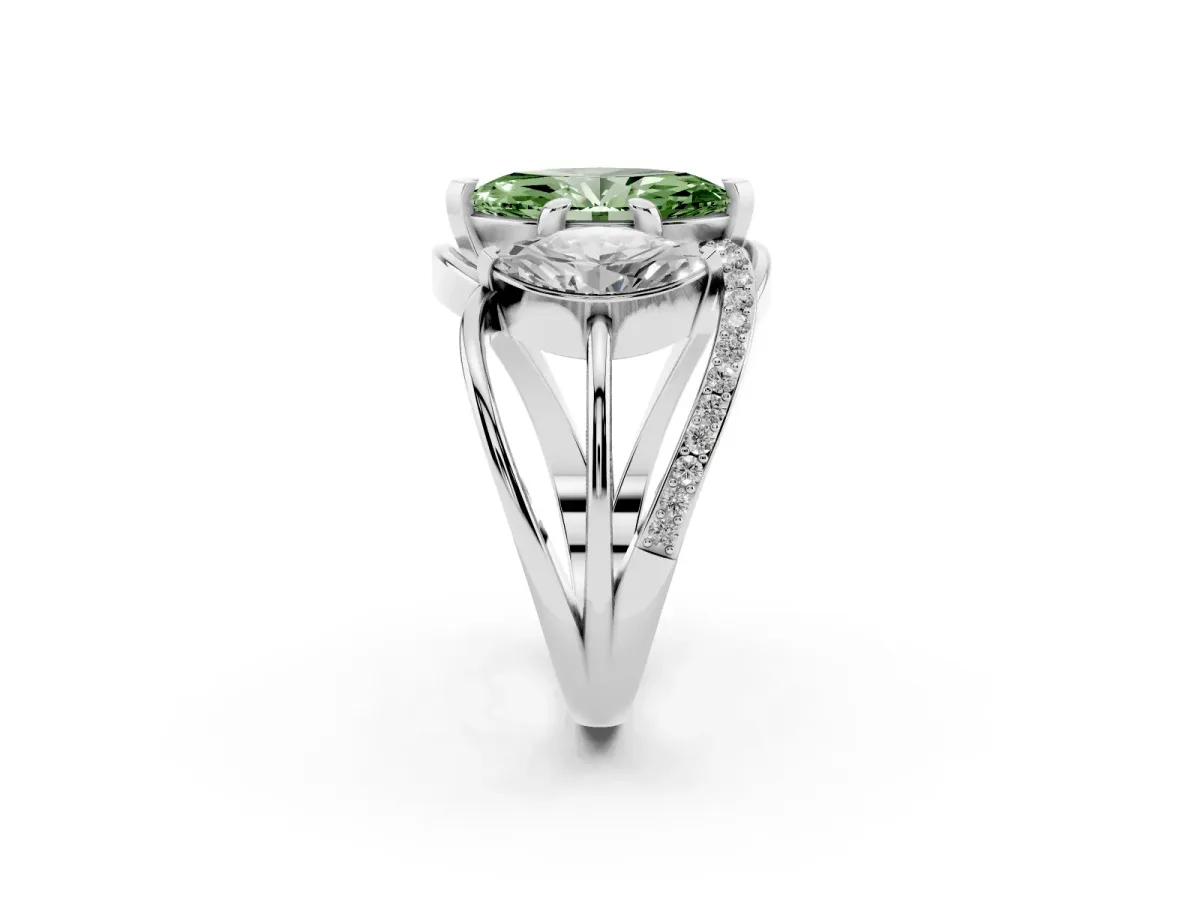 Fancy Green Three-Stone Marquise Cut Cut Diamond Split Shank Prong Set Ring Silver