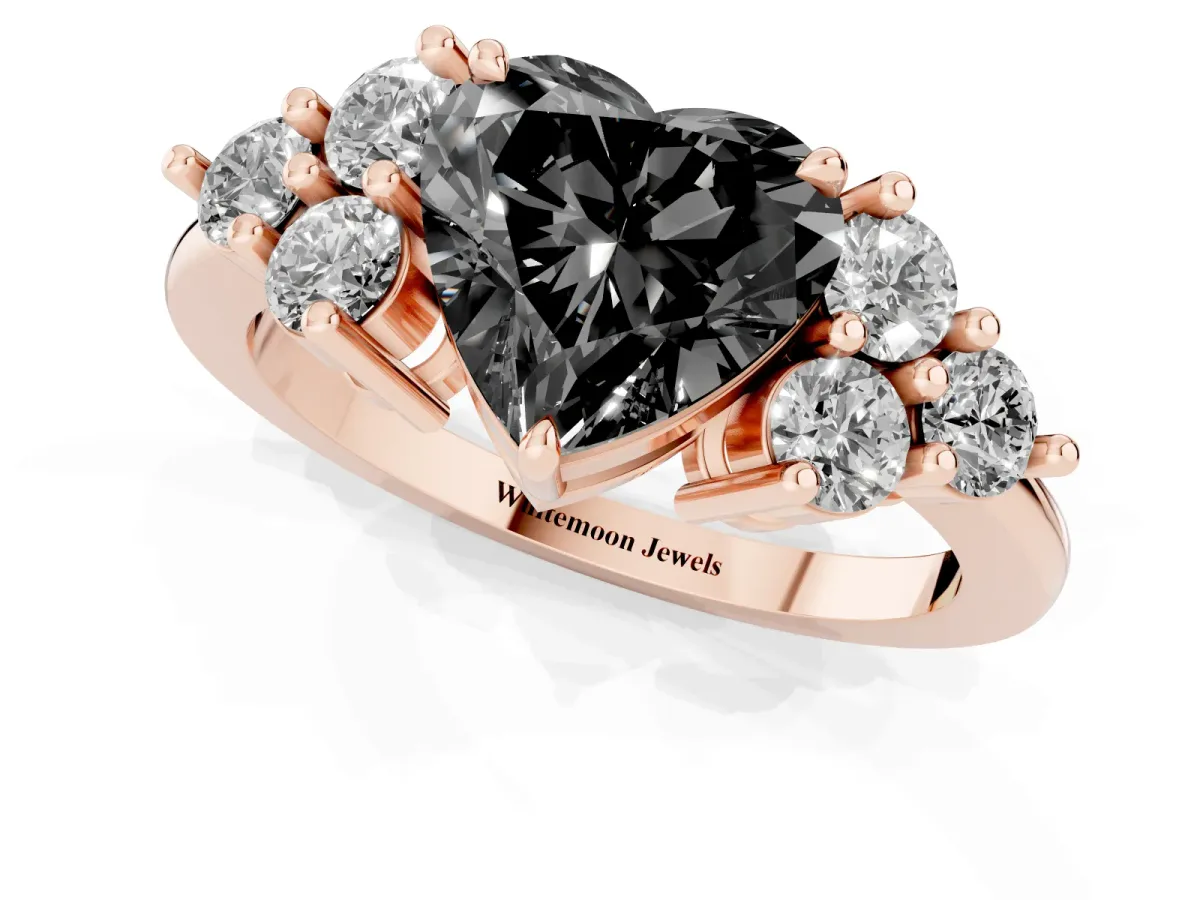 Fancy Black Heart Cut Brilliant Diamond Cluster Accent Solitaire Ring with Prong Setting Rose gold
