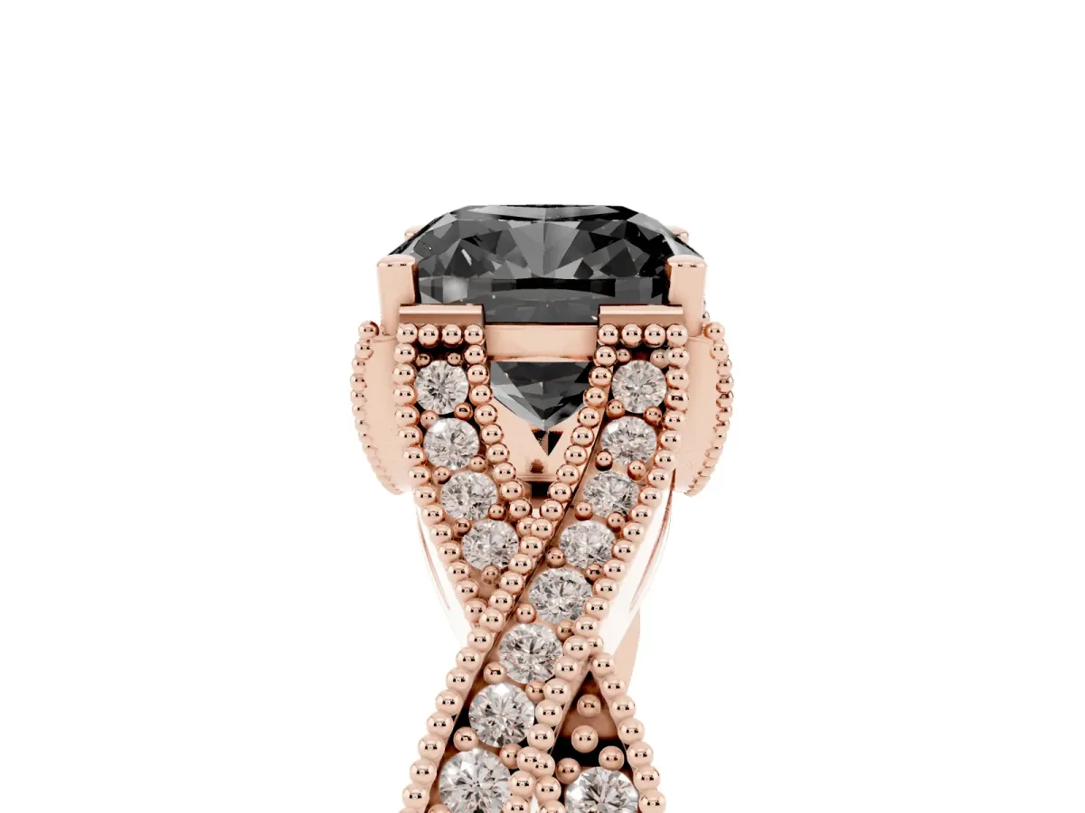 Fancy Black Cushion Cut Cut Diamond Twisted Band with Milgrain Pave Setting and Four-Prong Setting Rose gold
