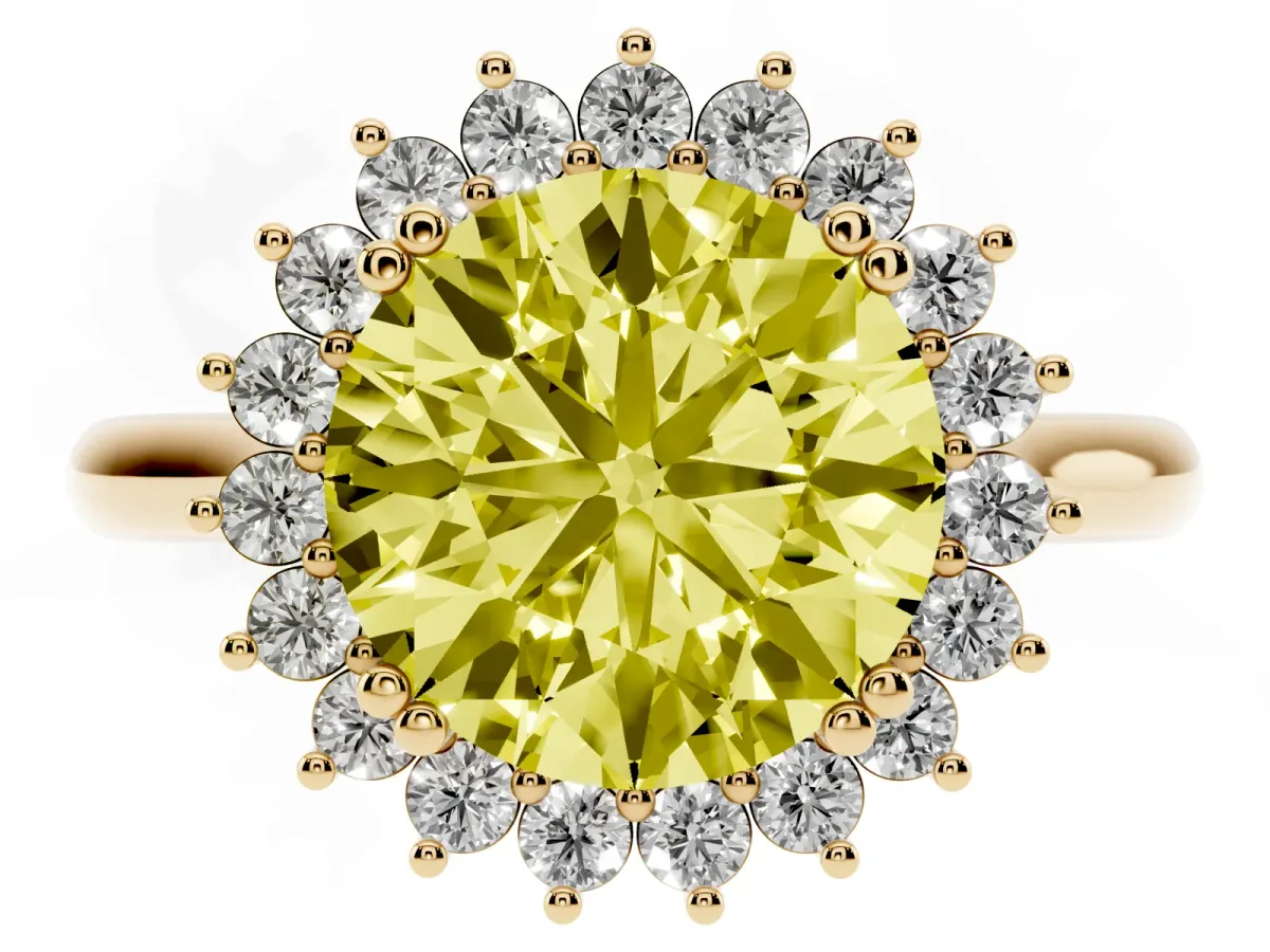 Fancy Yellow Round Cut Cut Diamond Halo Ring with Solitaire Band and Prong Setting Yellow gold