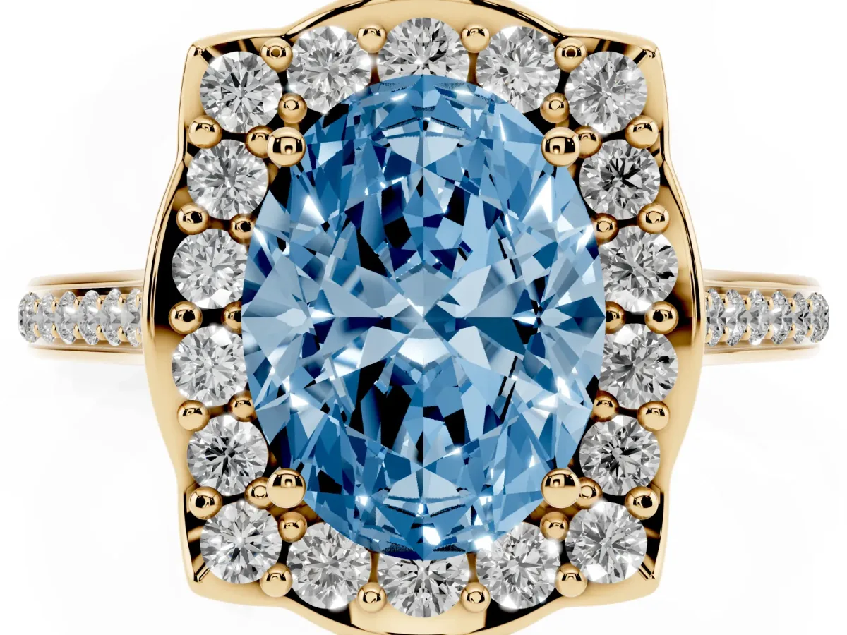 Fancy Blue Oval Cut Halo Round Diamond Pave Band with Four-Prong Setting Yellow gold