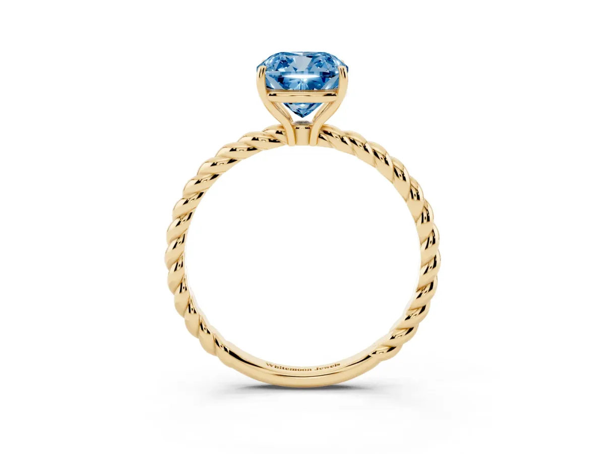 Fancy Blue Cushion Cut Solitaire Twisted Band 4-Prong Ring Yellow gold