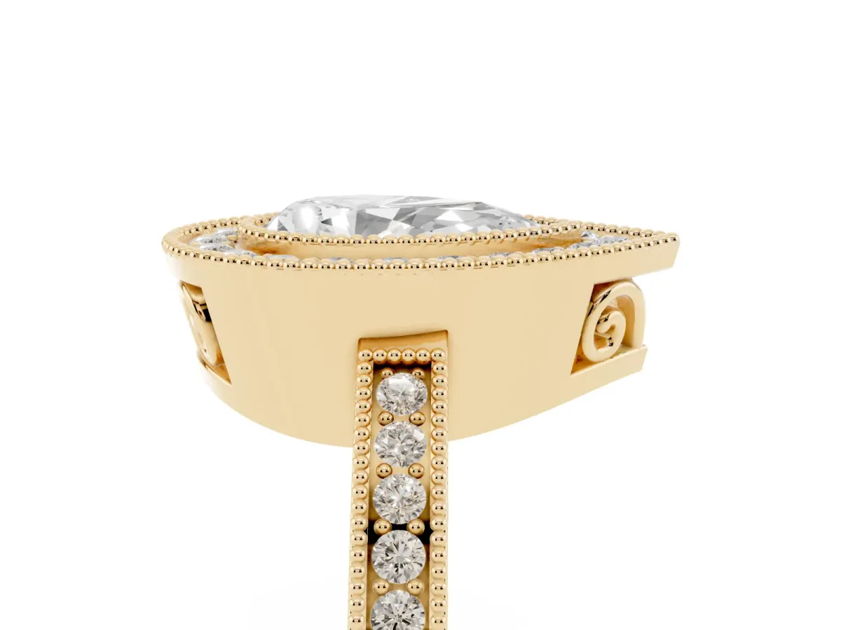 Pear Cut Cut Halo Diamond Ring with Pavé Band and Milgrain Prong Setting Yellow gold