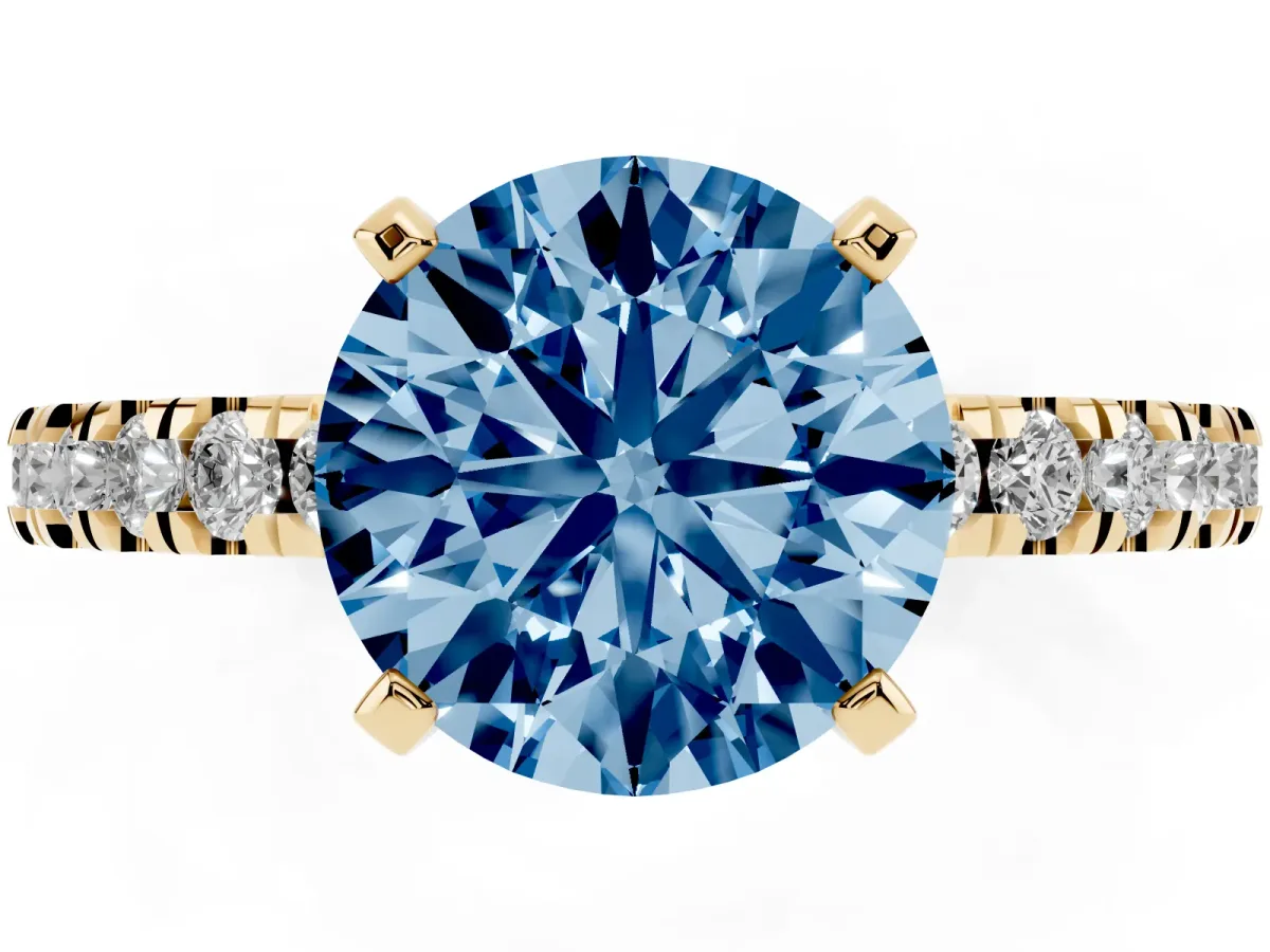 Fancy Blue Round Cut Solitaire Diamond with Pavé Band and Four-Prong Setting Yellow gold