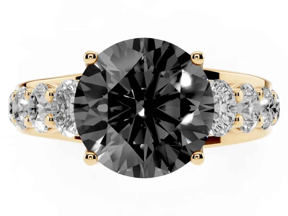 Fancy Black Round Cut Diamond Engagement Ring with Pavé Band and Four-Prong Setting Yellow gold