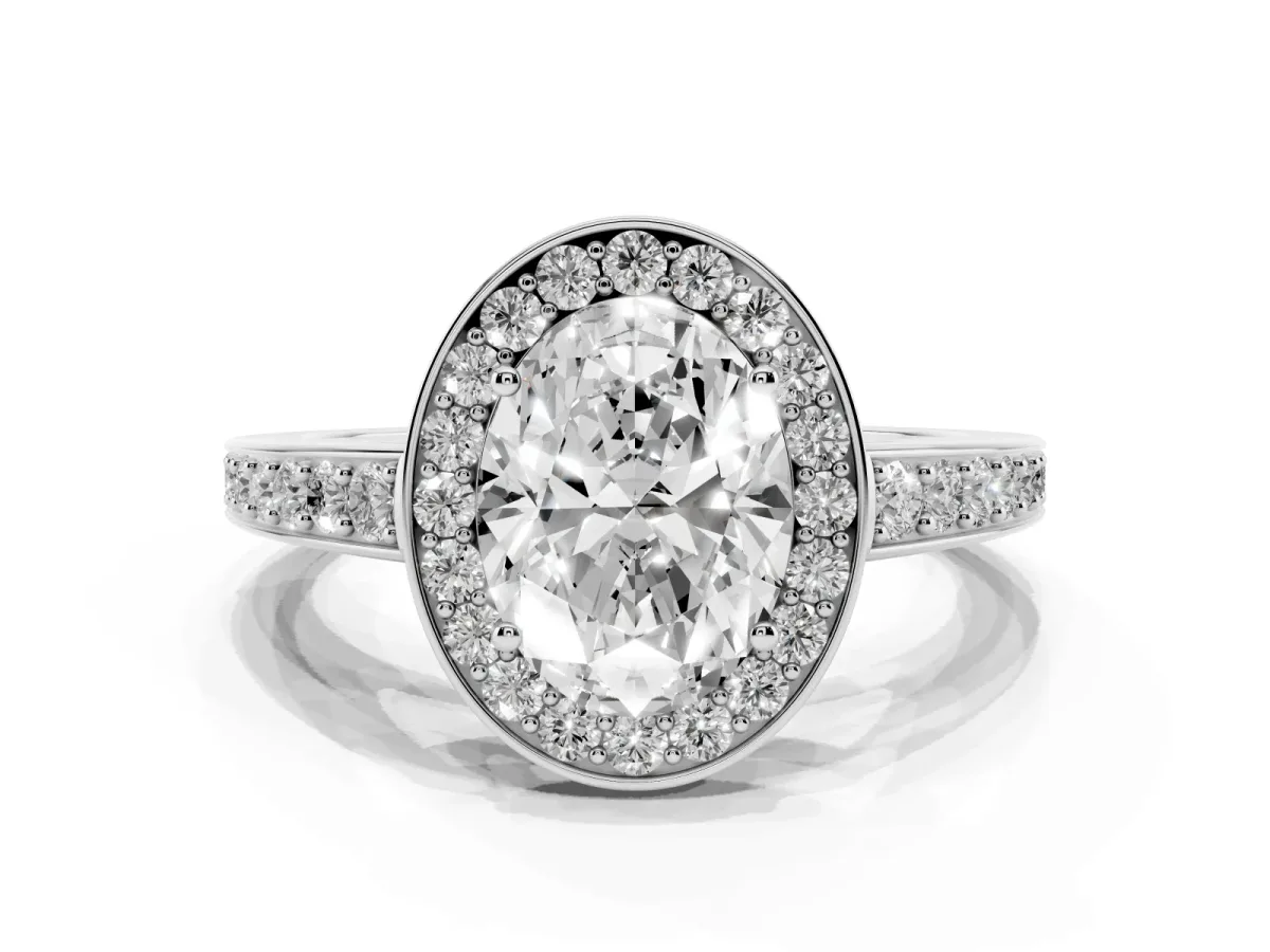 Oval Cut Halo Pavé Diamond Engagement Ring with Bezel Setting White gold