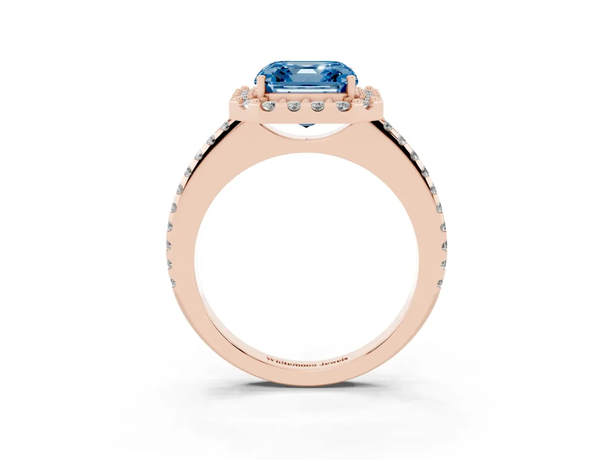 Fancy Blue Asscher Cut Diamond Pavé Halo Ring with Four-Prong Setting Rose gold