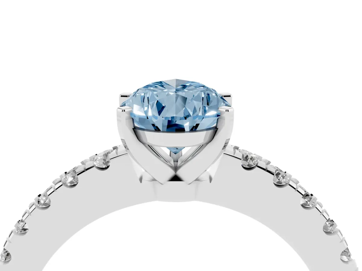 Fancy Blue Pear Cut Solitaire Diamond with Pavé Band and Four-Prong Setting Silver