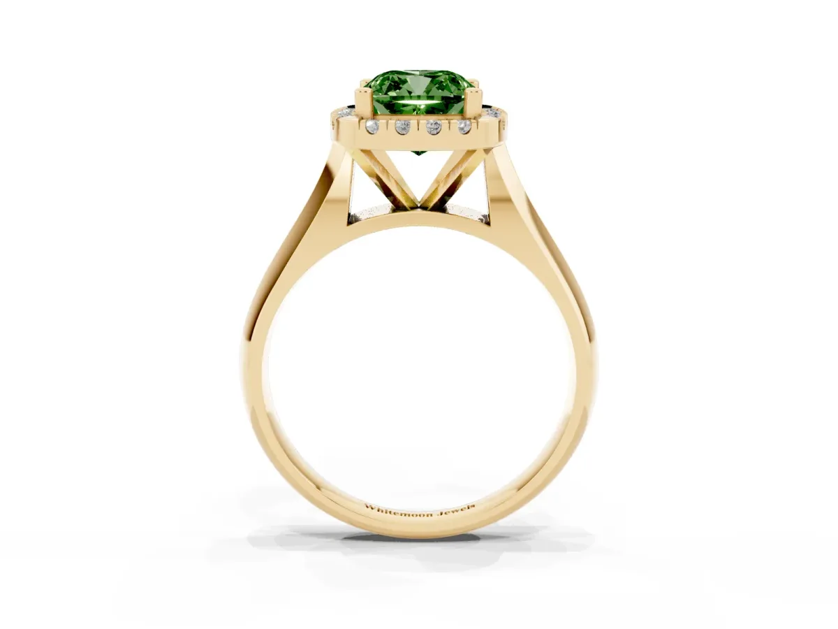 Fancy Green Cushion Cut Cut Halo Solitaire Engagement Ring with Square Band and Four-Prong Setting Yellow gold