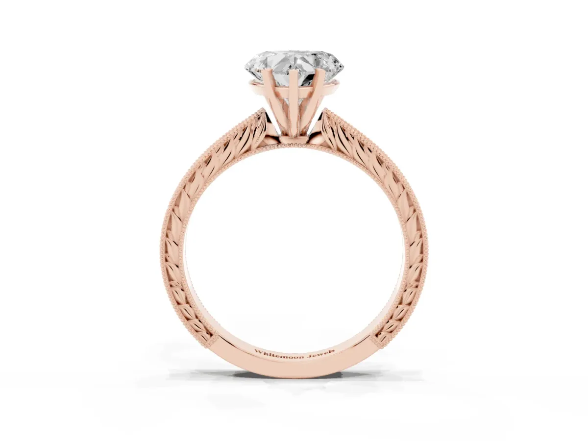 Heart Cut Solitaire Milgrain Engraved Band with Four-Prong Setting Rose gold