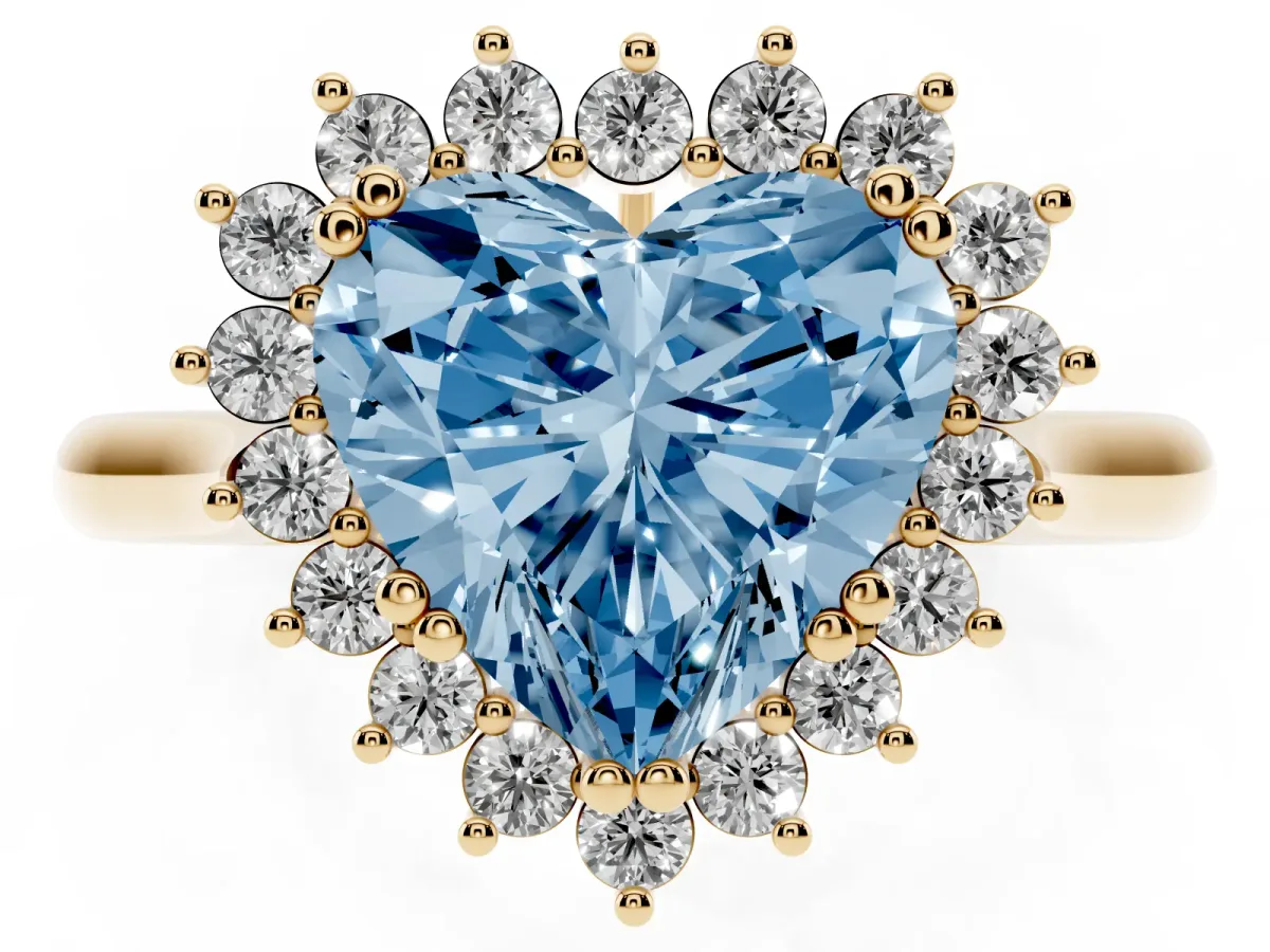 Fancy Blue Heart Cut Cut Diamond Halo Ring with Solitaire Band and Prong Setting Yellow gold
