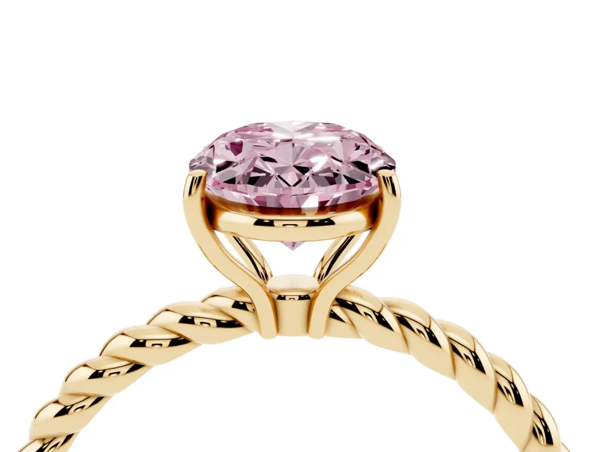 Fancy Pink Oval Cut Solitaire Twist Band Ring with Four-Prong Setting Yellow gold