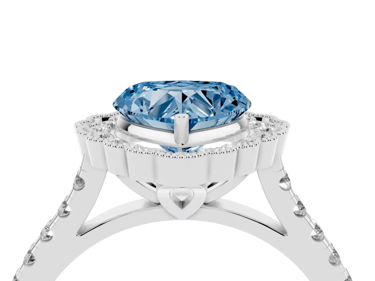 Fancy Blue Heart Cut Cut Diamond Milgrain Floral Halo Engagement Ring with Pavé Band Silver