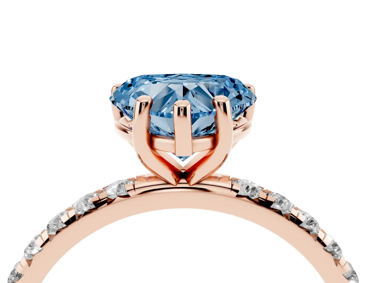 Fancy Blue Heart Cut Cut Diamond Solitaire Ring with Micro Pave Band and Four Prong Setting Rose gold