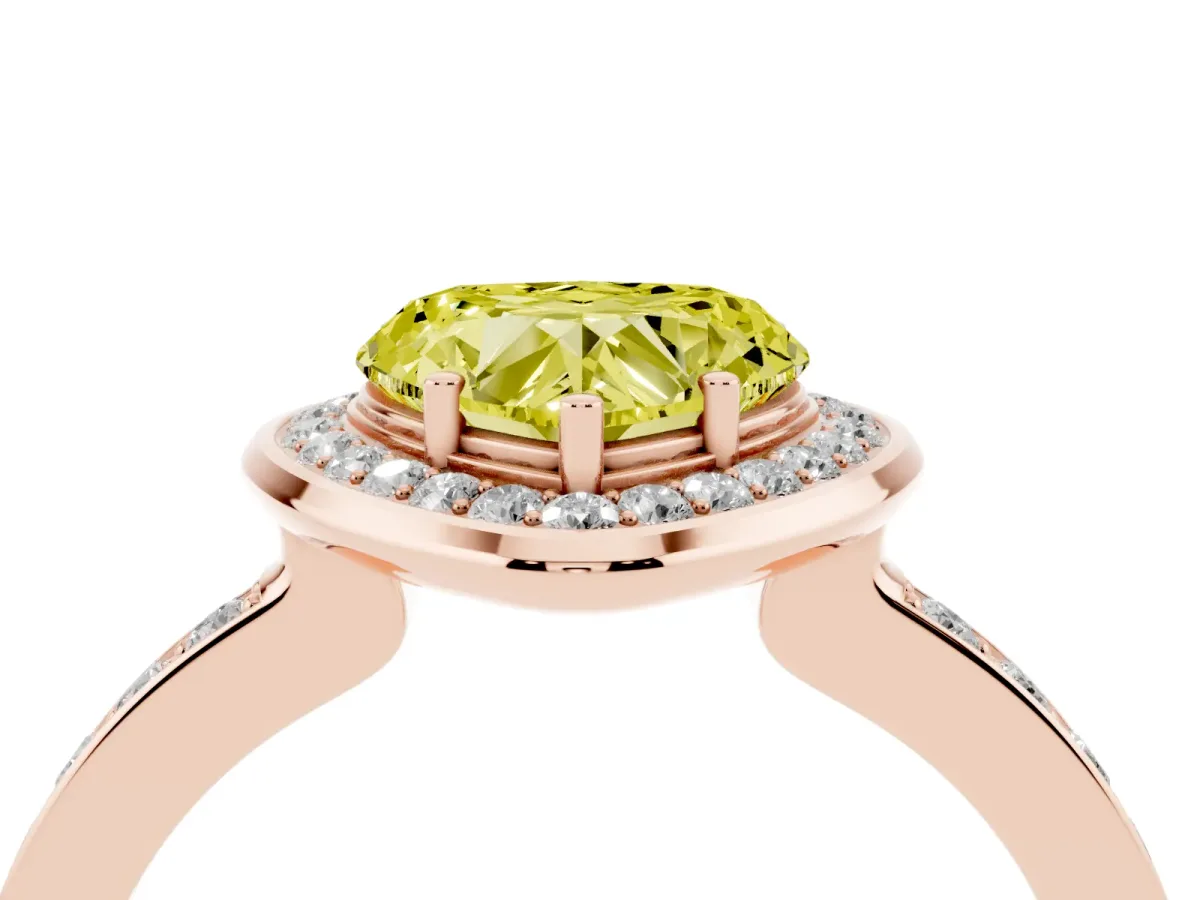 Fancy Yellow Heart Cut Diamond Halo Ring with Bezel Frame and Pavé Band Rose gold