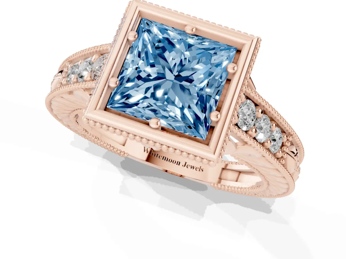 Fancy Blue Bezel Set Princess Cut Diamond Milgrain Pave Engagement Ring Rose gold