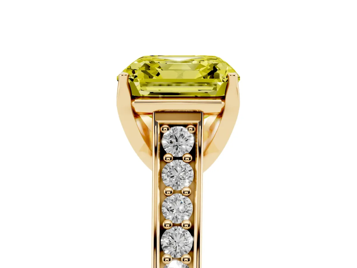 Fancy Yellow Asscher Cut Brilliant Cut Diamond Engagement Ring with Pavé Band and Four-Prong Setting Yellow gold