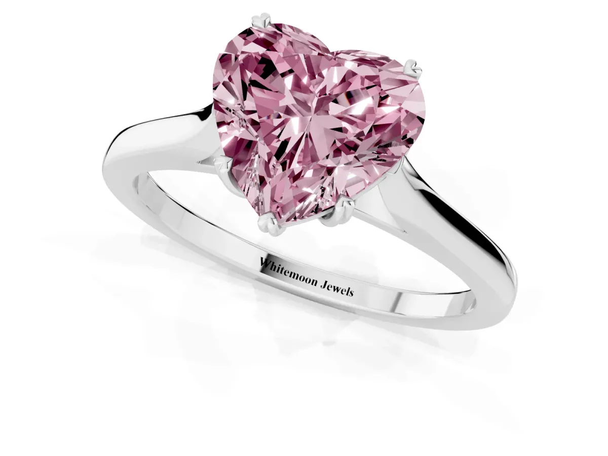 Fancy Pink Heart Cut Solitaire Heart Prong Engagement Ring with Tapered Band White gold