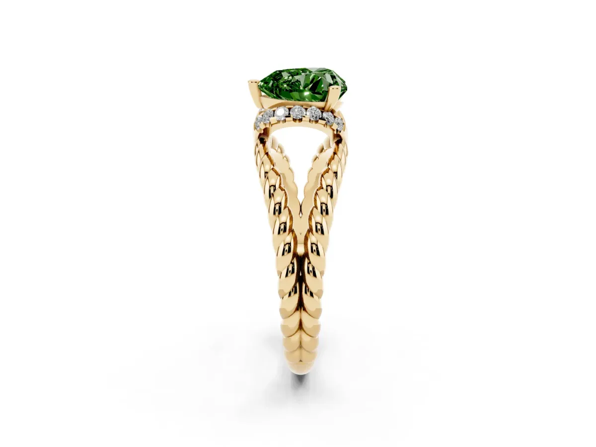 Fancy Green Heart Cut Halo Twisted Band Four-Prong Ring Yellow gold