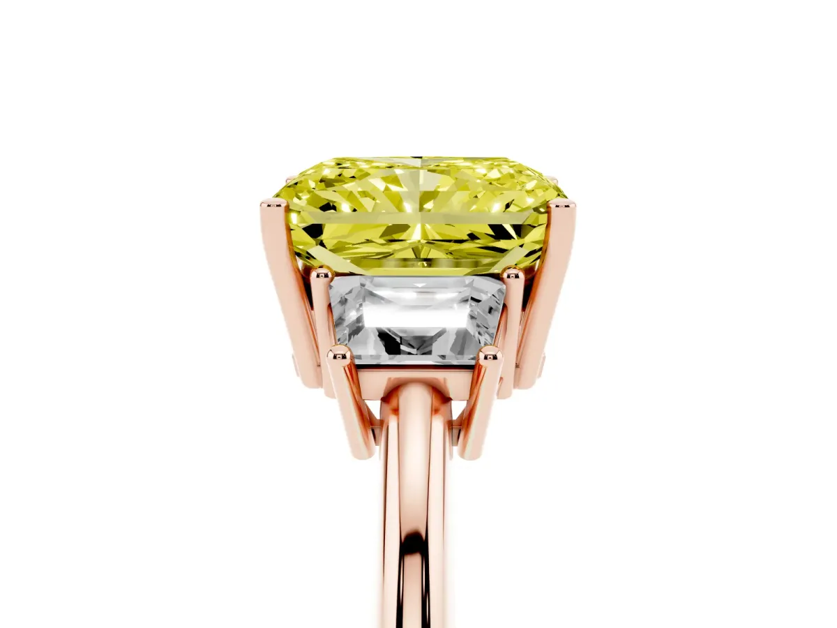 Fancy Yellow Radiant Cut Diamond Three-Stone Ring with Trapezoid Side Stones and Prong Setting Rose gold