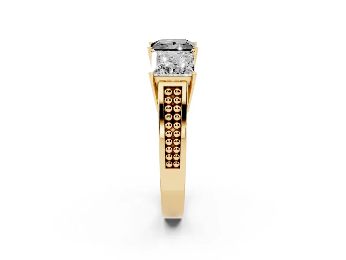 Fancy Black Princess Cut Diamond Three-Stone Ring with Prong Setting and Textured Band Yellow gold