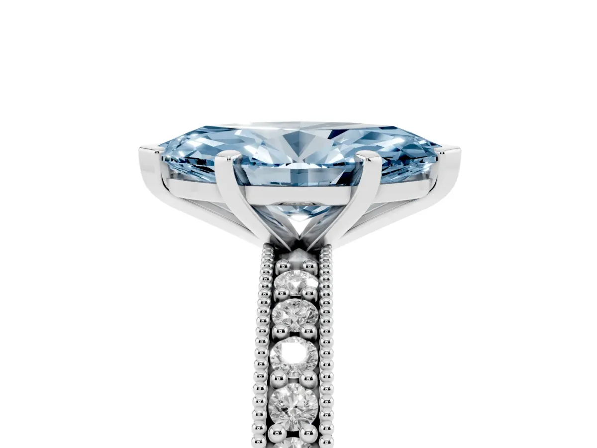 Fancy Blue Marquise Cut Diamond Milgrain Pavé Engagement Ring with Four-Prong Setting Silver