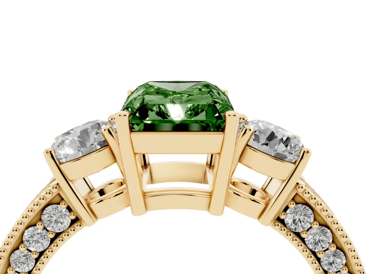 Fancy Green Radiant Cut Three-Stone Diamond Ring with Pavé Band and Four-Prong Setting Yellow gold