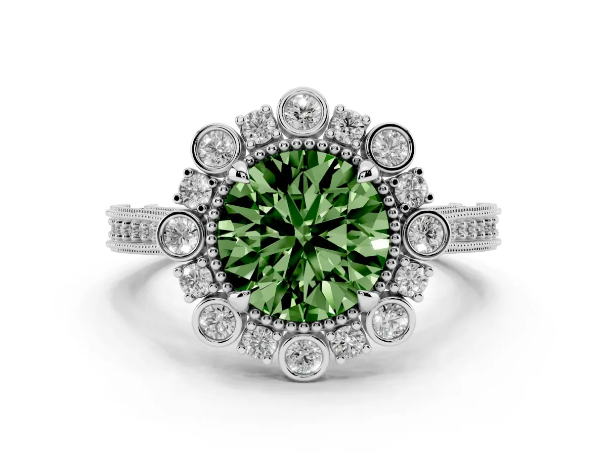 Fancy Green Round Cut Halo Milgrain Pave Diamond Ring with Four-Prong Setting Silver