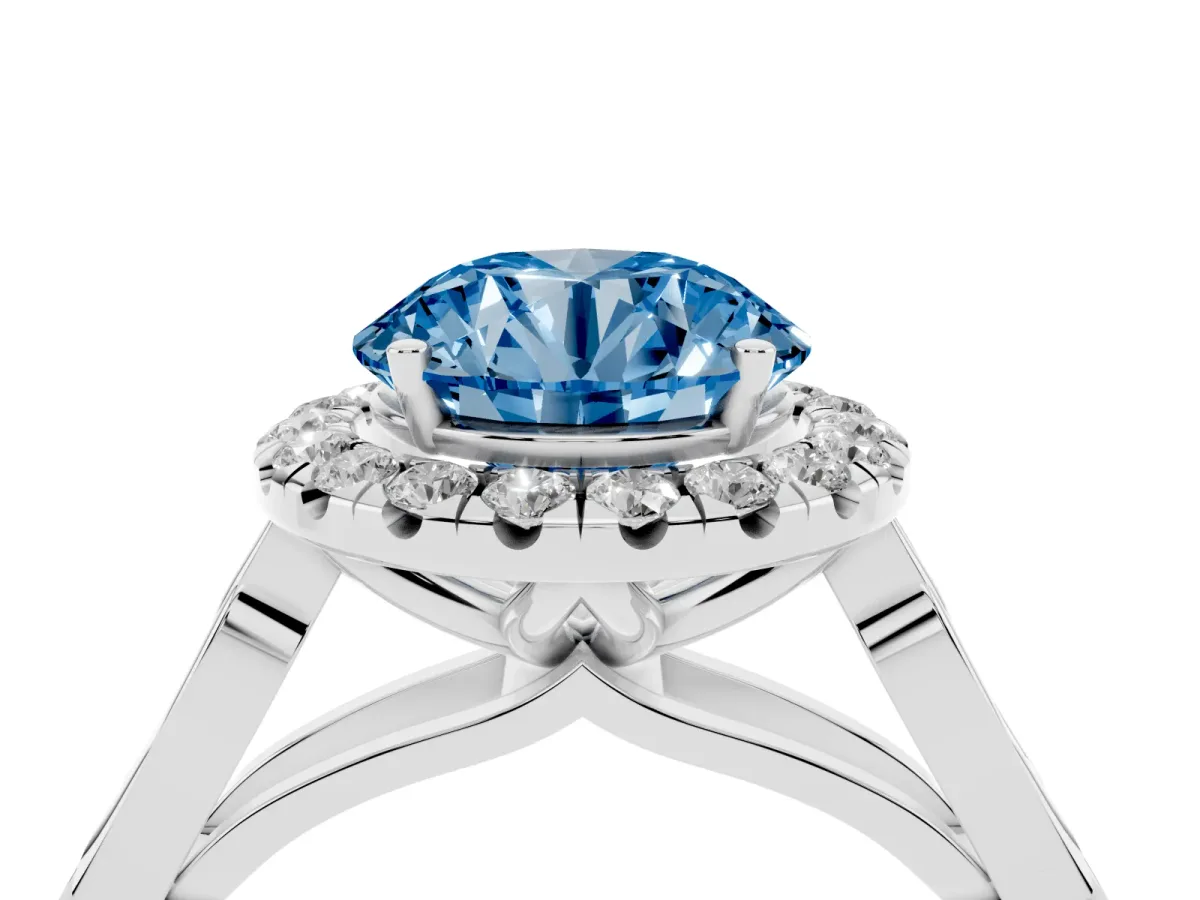 Fancy Blue Round Cut Halo Diamond Engagement Ring with Filigree Band and Four-Prong Setting White gold