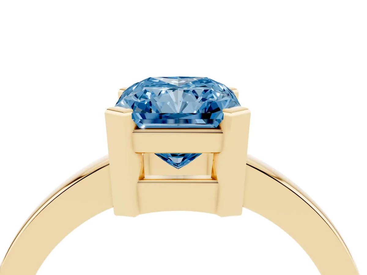 Fancy Blue Radiant Cut Cut Solitaire Ring with Four-Prong Setting and Classic Band Yellow gold