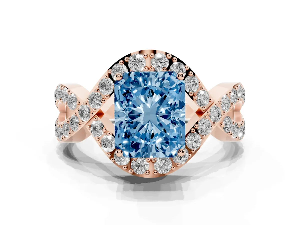 Fancy Blue Radiant Cut Solitaire Twist Band Pavé Diamond Engagement Ring Rose gold